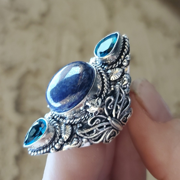 New Lapis Lazuli & Blue Topaz 925 Silver Butterflies Statement Ring. - Picture 14 of 14
